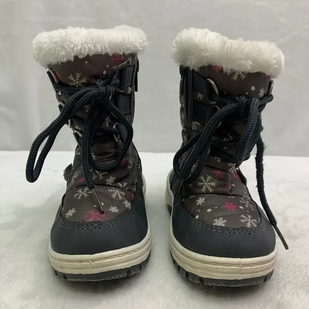 Toddler Girls Sz 8 US Snowflake Zip Up Winter Boots Gray Furry Lace Up Mid Calf